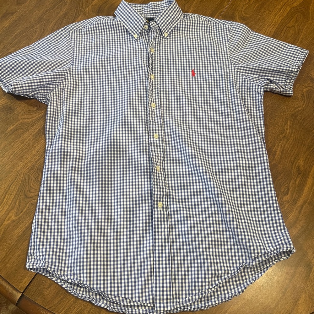 Ralph Lauren Mens Gingham Button Down Shirt Blue White Short Sleeve Medium M